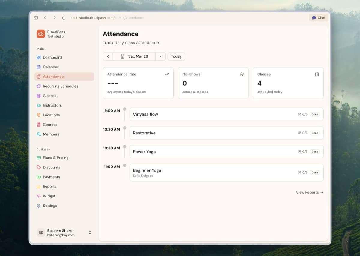 The RitualPass attendance hub with per-class check-in lists