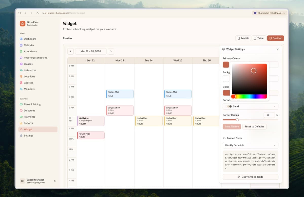 The RitualPass embeddable booking widget on a studio website